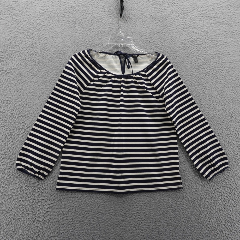 J Crew Nautical Striped Peasant Top XS Navy Blue White Womens Back Tie